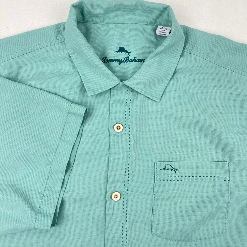 Tommy Bahama IslandZone Mens Large Green Silk Blend Short Sleeve Button Up Shirt